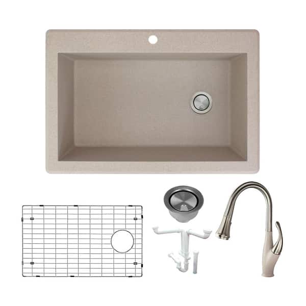 Transolid Radius All-in-One Drop-in Granite 33 in. 1-Hole Single Bowl Kitchen Sink with Faucet in Cafe Latte