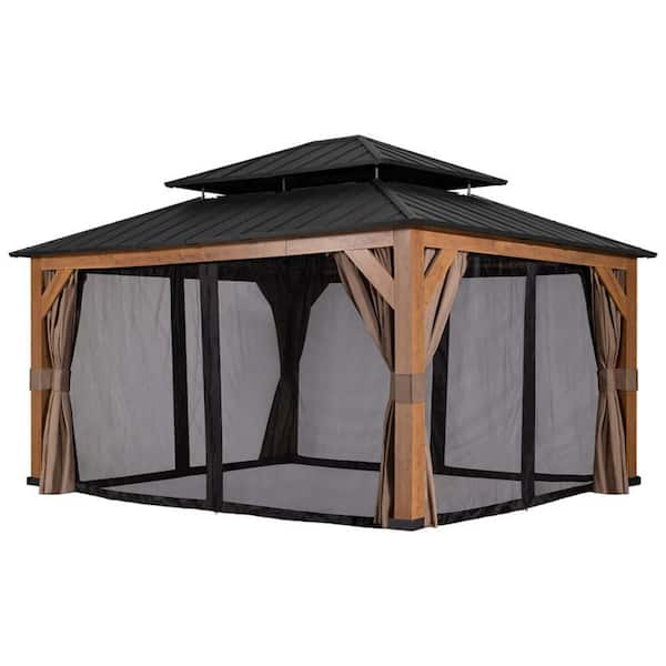 15 ft. x 13 ft. Natural Wood/Black Aluminum Double Tiered Roof Hardtop Gazebo