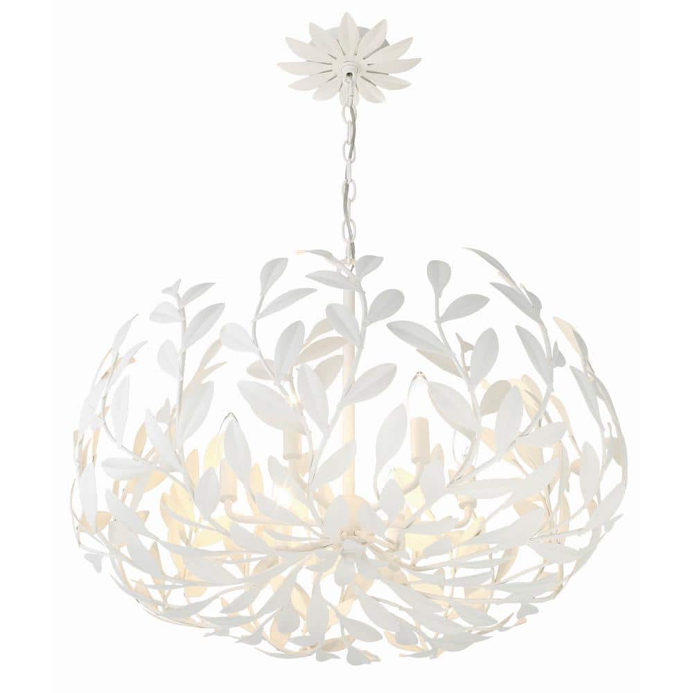 Matte White 6-Light Steel Chandelier with Leaf Design