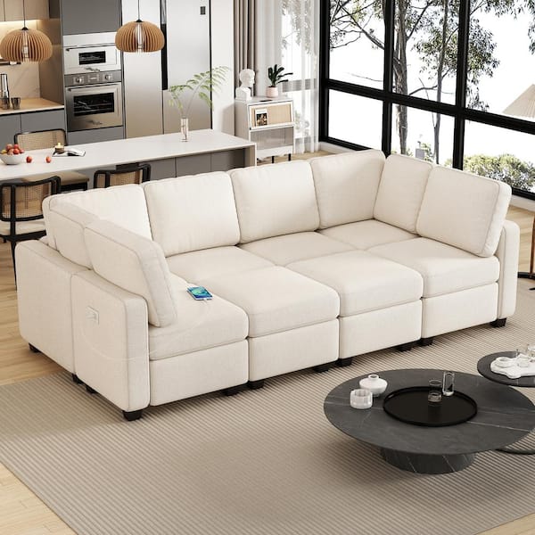 Harper & Bright Designs 103.1 in. W Square Arm Chenille Fabric U-Shape Sectional Sofa in Beige with 3-USB ports, 2-Removable Ottomans