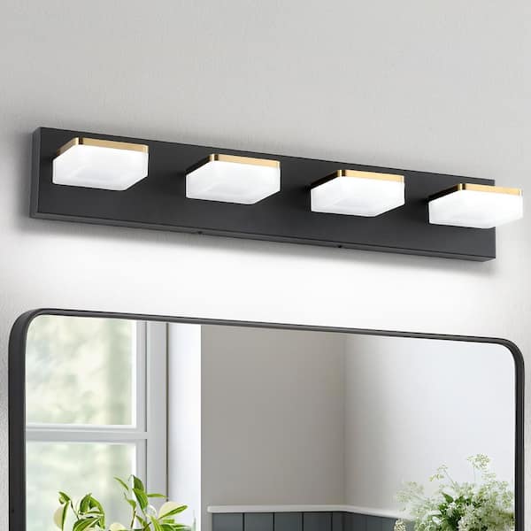 25.59 in. 4-Light Black LED Vanity Light Bar with Dimmable 5500K Light and 270° Swivel Range Acrylic Lampshade