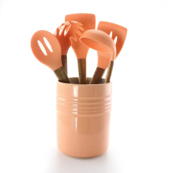 Gibson Home Plaza Cafe 5-Piece Kitchen Tools with Coral Ceramic Crock