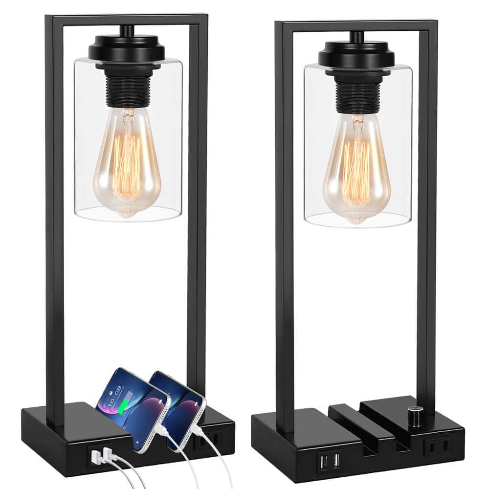LamQee 15 .7 in. Black Bedside Table Lamp with Clear Glass Shade(2Pack