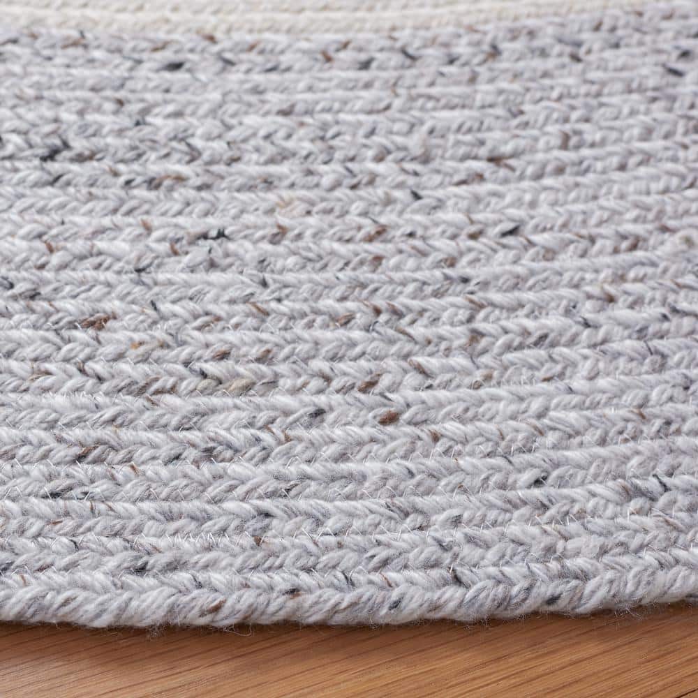Ivory and Light Grey Abstract Braided Round Rug, Handmade 3ft
