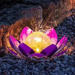 Solar Light Outdoor, Art Crackle Globe Glass Lotus Decoration, Solar LED Waterproof Purple Metal Flower Lights (2-Pack)