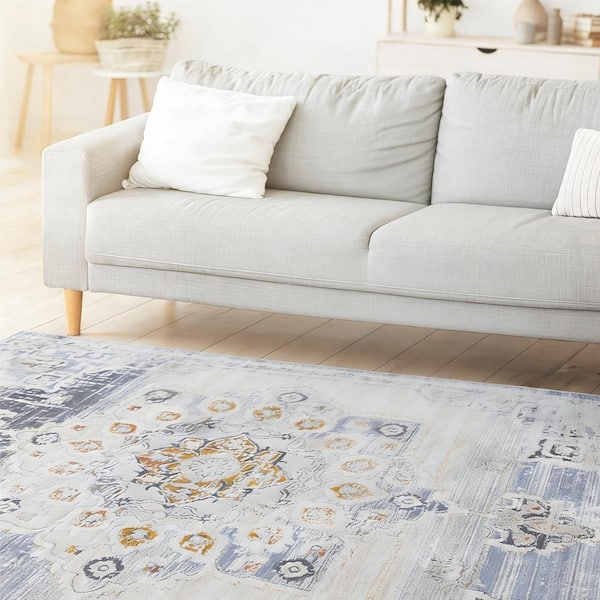 6 ft. x 7 ft. Cream Blue Abstract Washable for Bedroom, Dining Room, Living Room Area Rug