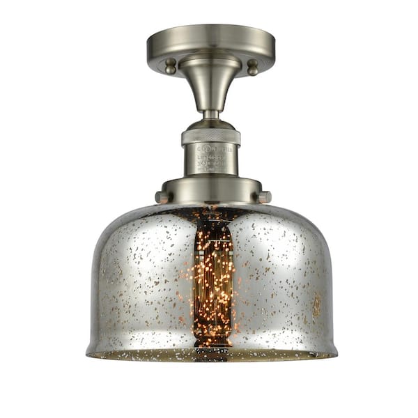Innovations Bell 8 in. 1-Light Brushed Satin Nickel Semi-Flush Mount with Silver Plated Mercury Glass Shade