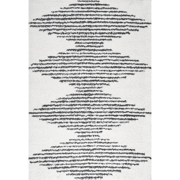 Elm Diamond Stripe Geometric Shag White/Black 8 ft. x 10 ft. Area Rug