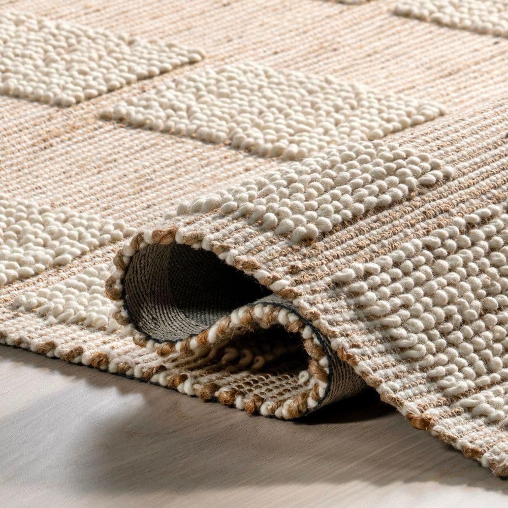 Ivory Geometric Tufted Handmade Wool Area Rug 5x8