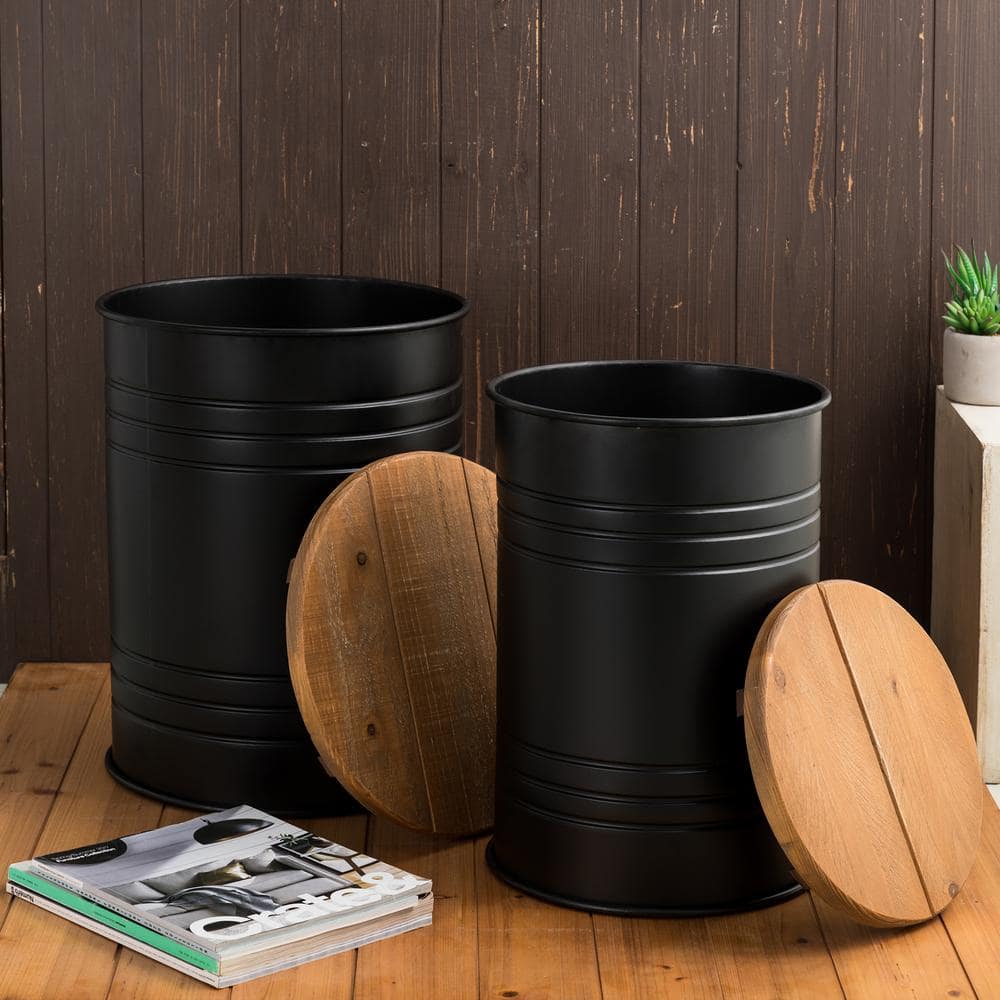 Rustic Farmhouse 19" Black Metal Storage Stool with Honey Wood Lid