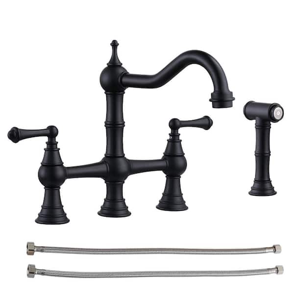 AVITAS Antique Design Double Handle Bridge Kitchen Faucet with Side Sprayer in Matte Black