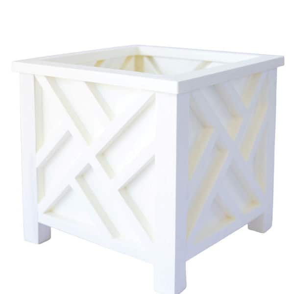 Hettie Large White Square Plastic Chippendale Lattice Planter with Drainage Holes (14.75 in. L x 14.75 in. W x 14 in. H)
