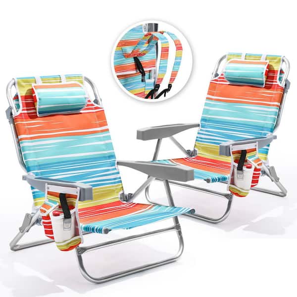Tropical Style Aluminum Folding Adjustable Headrest Low Beach Chair with (2-Pack)
