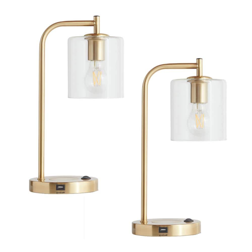 Elizabeth 16 in. Antique Brass Modern LED Desk Table Lamp with Built-In USB Port and Wireless Charging Pad (2-Pack)