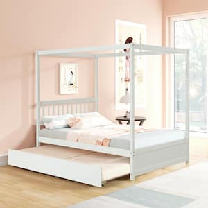 White Wood Frame Full Size Wood Canopy Bed with Twin Trundle