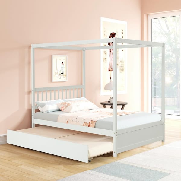 Harper & Bright Designs White Wood Frame Full Size Wood Canopy Bed with Twin Trundle