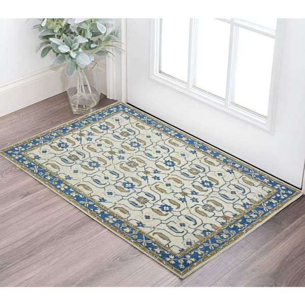 2 ft. x 3 ft. Blue Beige And Brown Wool Oriental Hand Hooked Area Rug