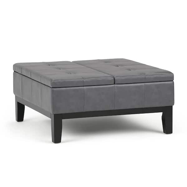 Simpli Home Dover 36 in. Wide Contemporary Square Coffee Table Storage Ottoman in Stone Grey Vegan Faux Leather