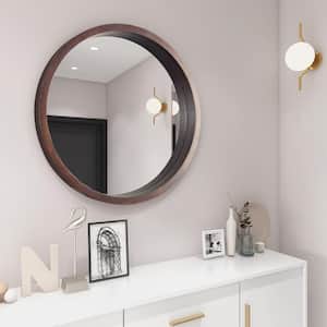 24 in. W x 24 in. H Modern and Sleek Round Walnut Brown Wood Framed Mirror, Wall Mounted Vanity Mirror