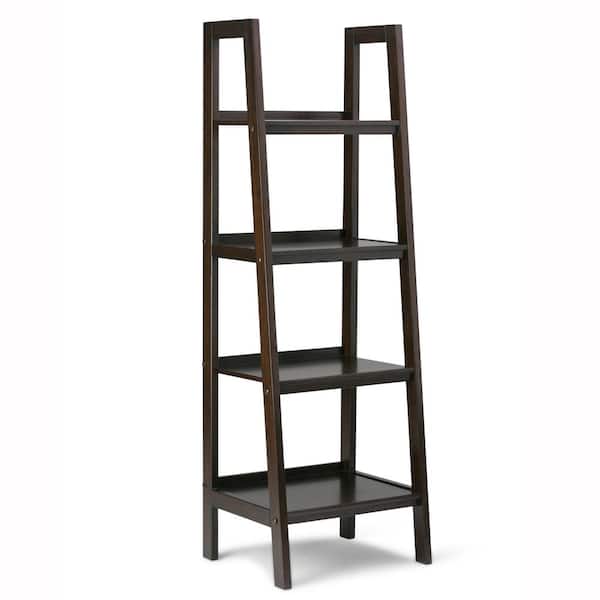 Simpli Home Sawhorse 72 in. H Dark Chestnut Brown Wood 4-Shelf Ladder Bookcase
