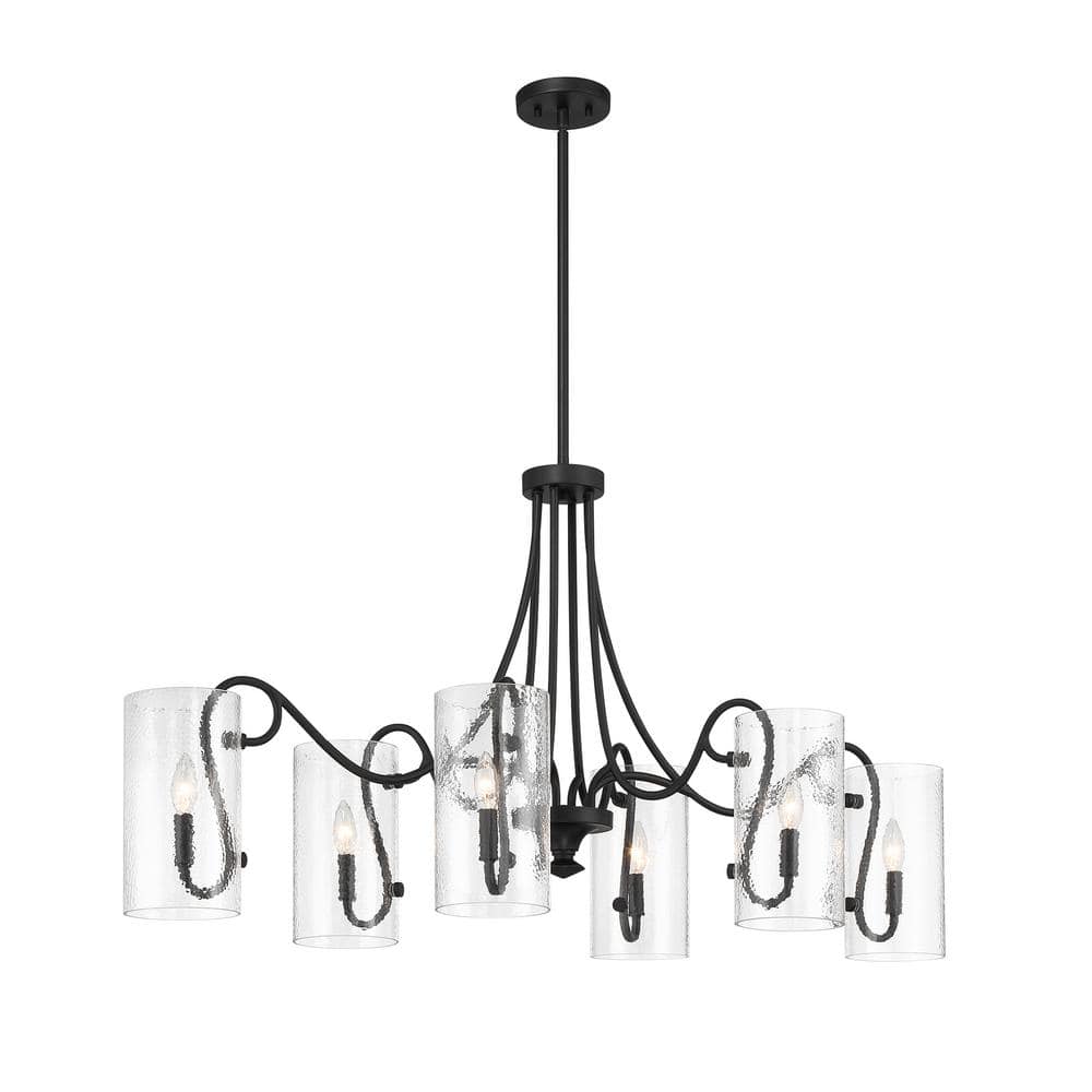 Matte Black 6-Light Chandelier with Clear Hammered Glass Shades