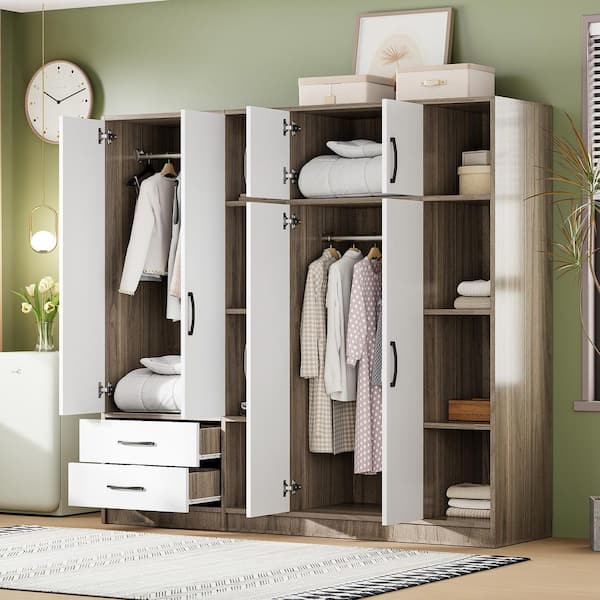 6-Doors Natural 70.9 in. Wardrobe Armoire Closet with Shelves and 2 Drawers