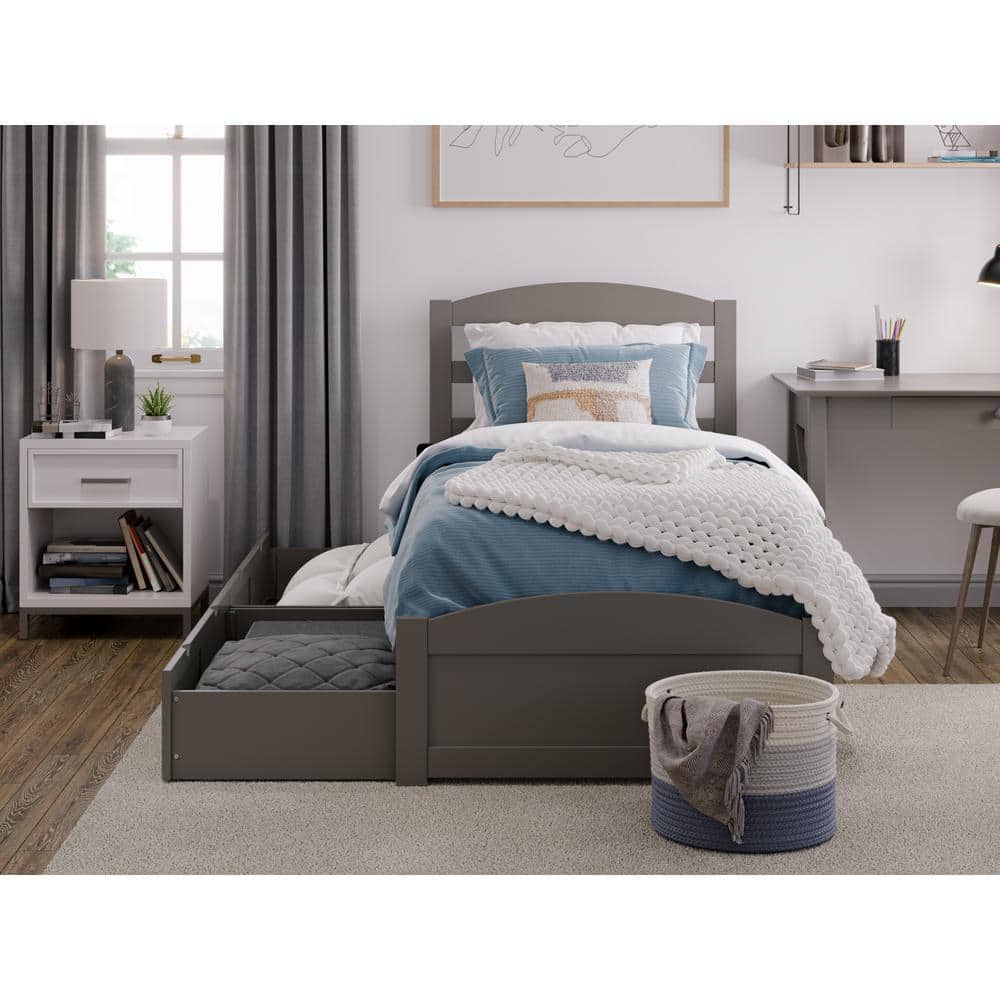 Gray Twin Wood Platform Bed with Storage Drawers