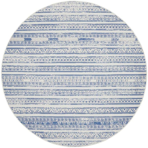 Whimsicle Ivory Blue 5 ft. x 5 ft. Abstract Contemporary Round Area Rug