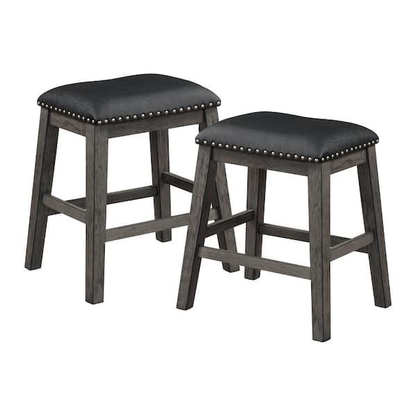 EVERGLADE HOME Lowell 24.5 in. Wire-Brushed Gray Backless Wood Frame Bar Stool with Faux Leather Seat (Set of 2)