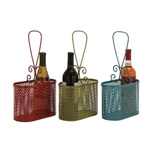 2-Bottle Red, Green, and Emerald Iron Oval Baskets (Set of 3)