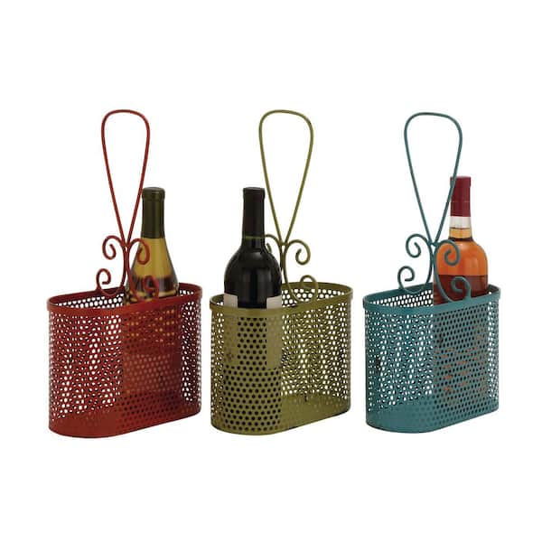 2-Bottle Red, Green, and Emerald Iron Oval Baskets (Set of 3)