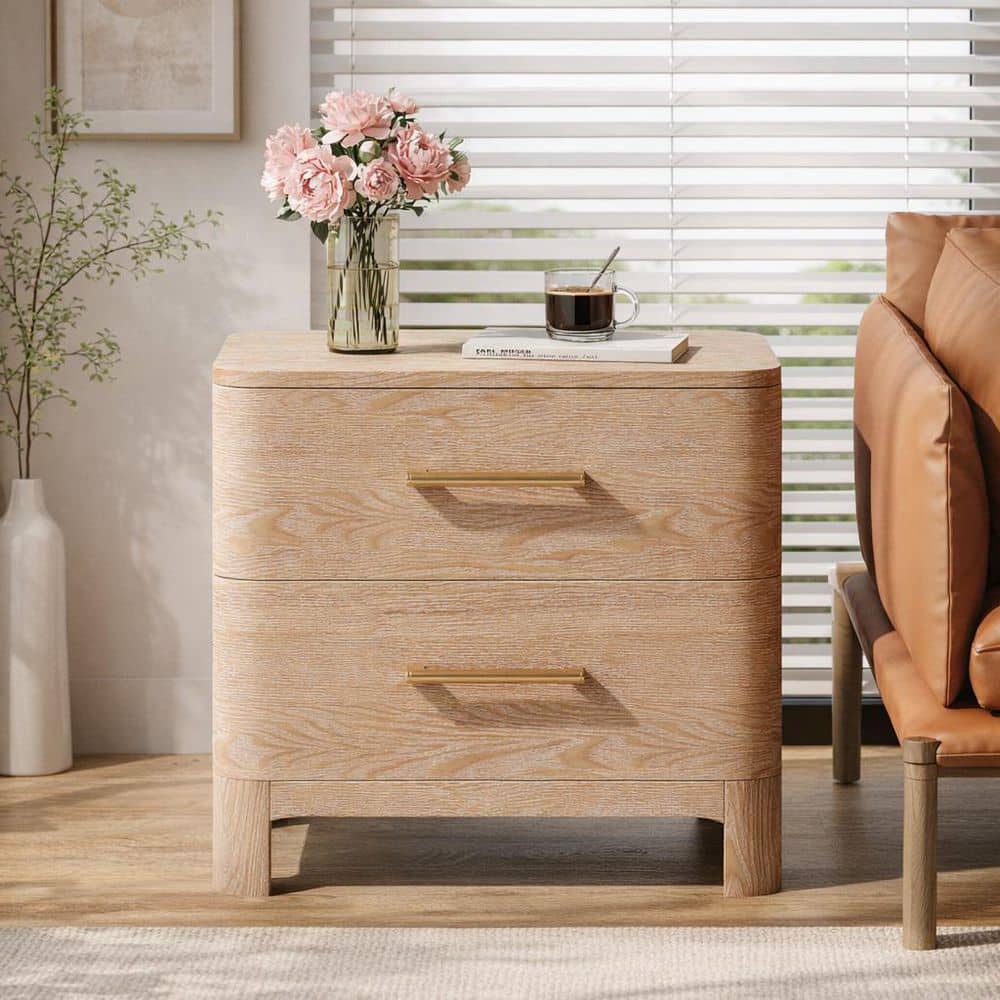 Faye Modern Brown 2-Drawer 23.62 in. W Nightstand with Brushed Gold Handles, Rounded Corners - thumbnail 10