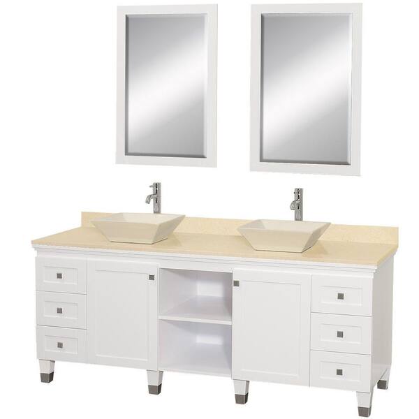 Wyndham Collection Premiere 72 in. Vanity in White with Marble Vanity Top in Ivory with Bone Porcelain Sinks and Mirrors