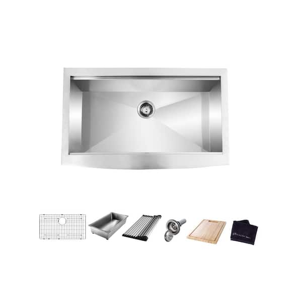 Glacier Bay Zero Radius Farmhouse Apron-Front 18G Stainless Steel 33 in. Single Bowl Workstation Kitchen Sink with Accessories