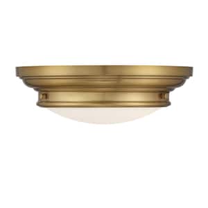 13 in. W x 4.50 in. H 2-Light Natural Brass Flush Mount Light with White Glass Round Shade