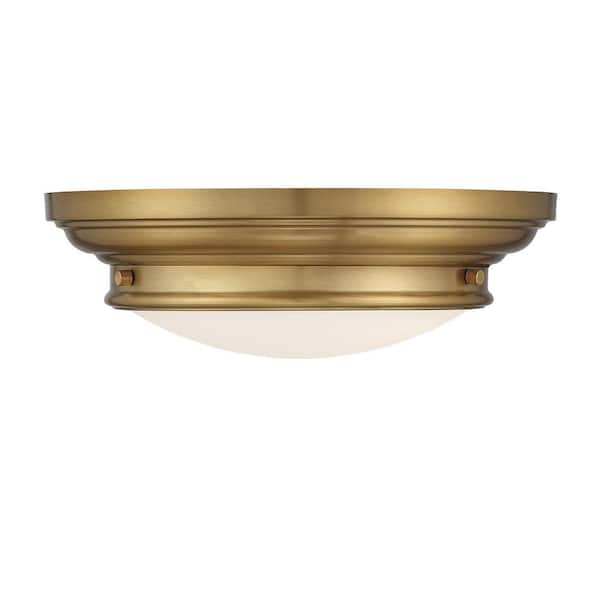 TUXEDO PARK LIGHTING 13 in. W x 4.50 in. H 2-Light Natural Brass Flush Mount Light with White Glass Round Shade