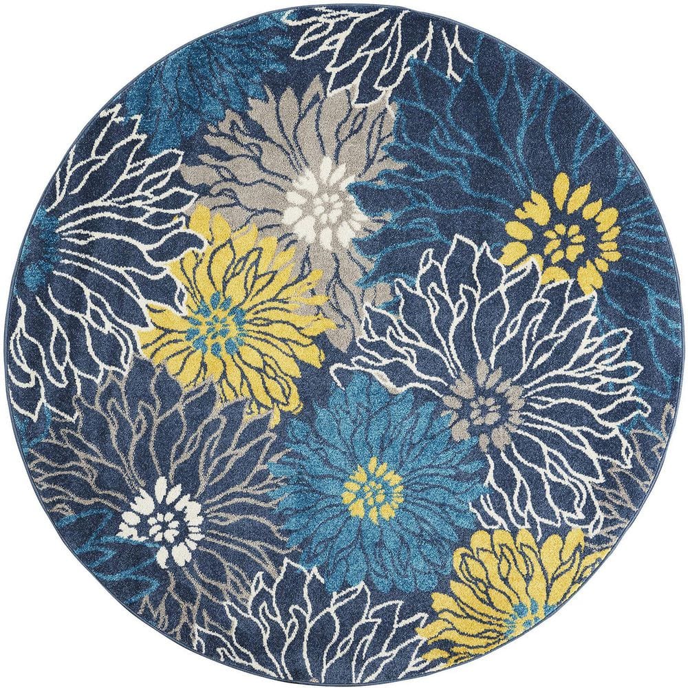 Blue Polypropylene 4 ft. x 4 ft. Floral Indoor Round Area Rug