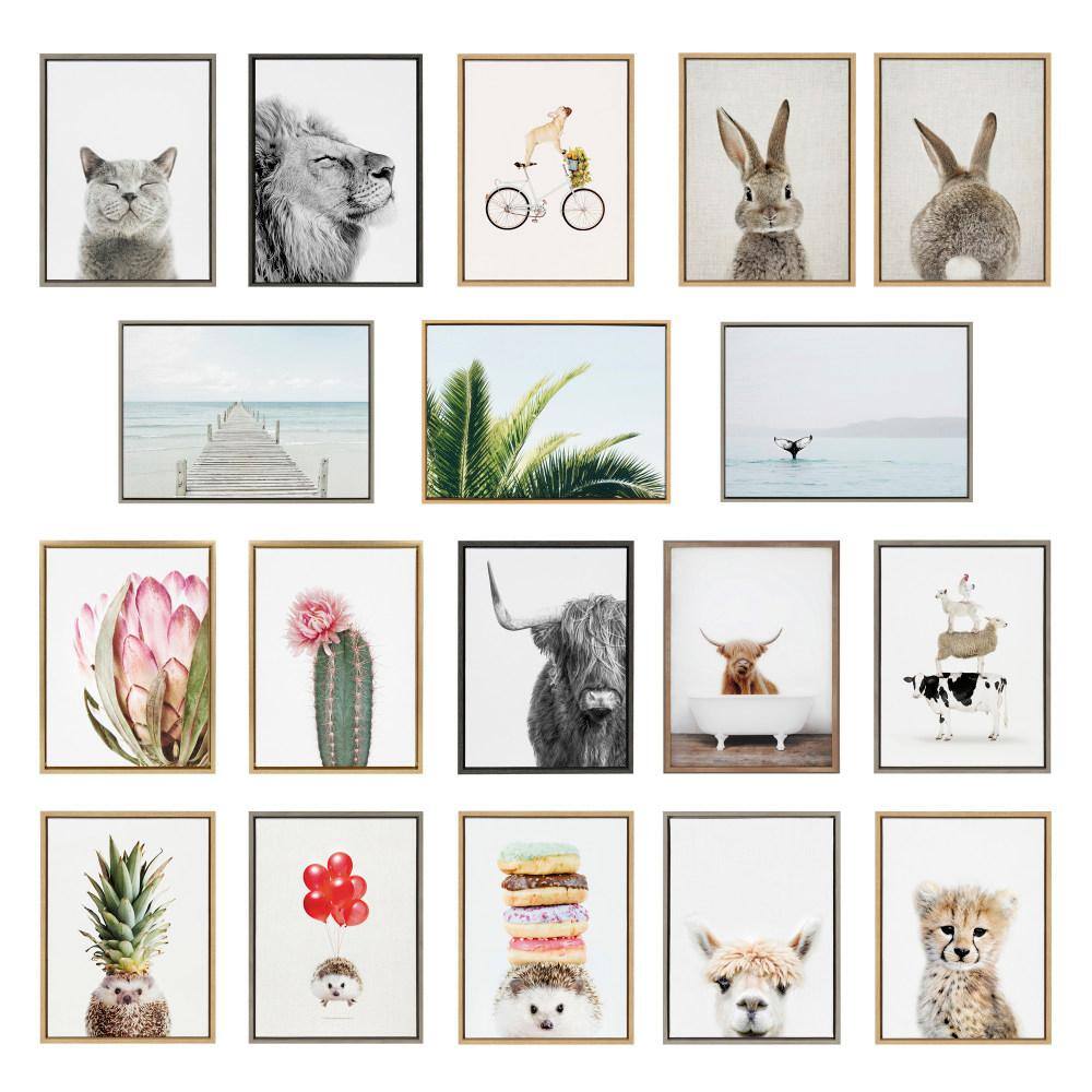 Natural Wood Framed Flower Crown Lion Cub Canvas Art