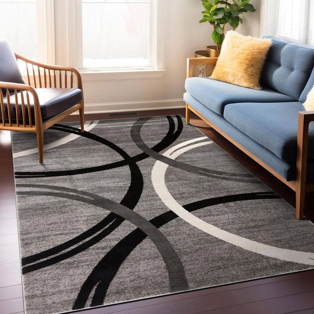 Gray Abstract Circles 4' x 6' Synthetic Area Rug