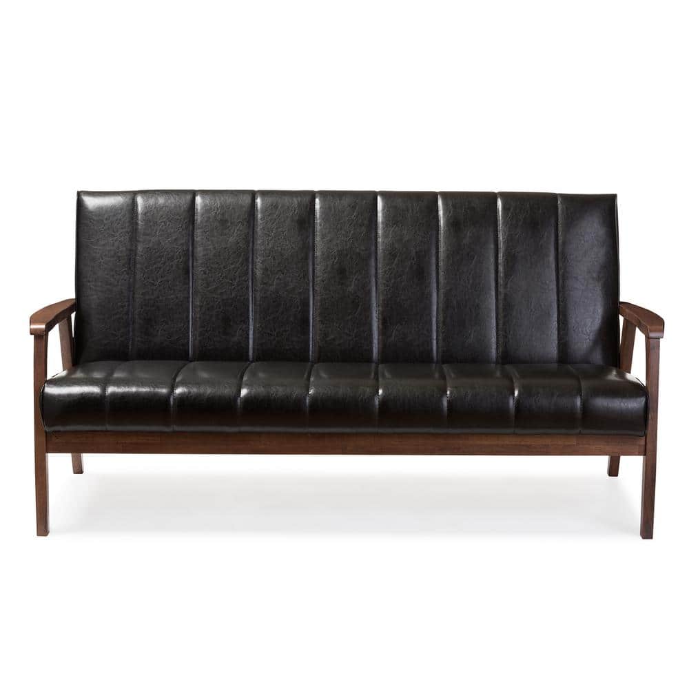 Black Faux Leather 64" Reception Sofa with Wood Frame