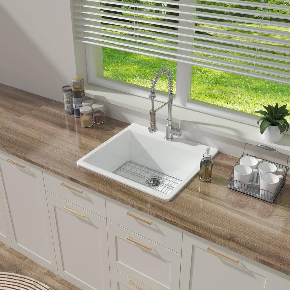 24'' White Fireclay Drop-In Single Bowl Kitchen Sink