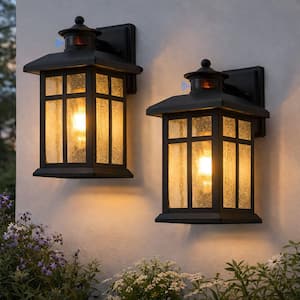 Black Motion Sensing Dusk to Dawn Outdoor Hardwired Wall Lantern Sconce with No Bulbs Included