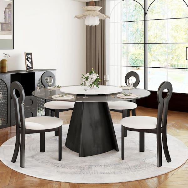 Round 59 in. Black Tempered Glass Tabletop with Rotable Lazy Susan and Pedestal Base Dining Table (Seats 8)