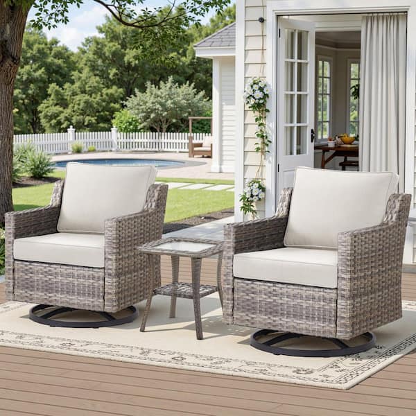 New Kalixx 3-Pcs Gray Wicker Outdoor Rocking Chair Patio Conversation Set Swivel Chairs with Beige Cushions and Table