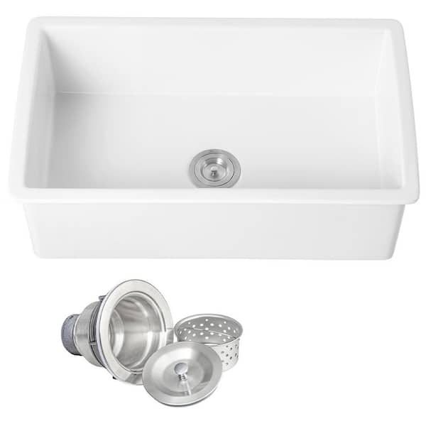 White Fireclay 32 in. Single Bowl Undermount Kitchen Sink with Basket Strainer