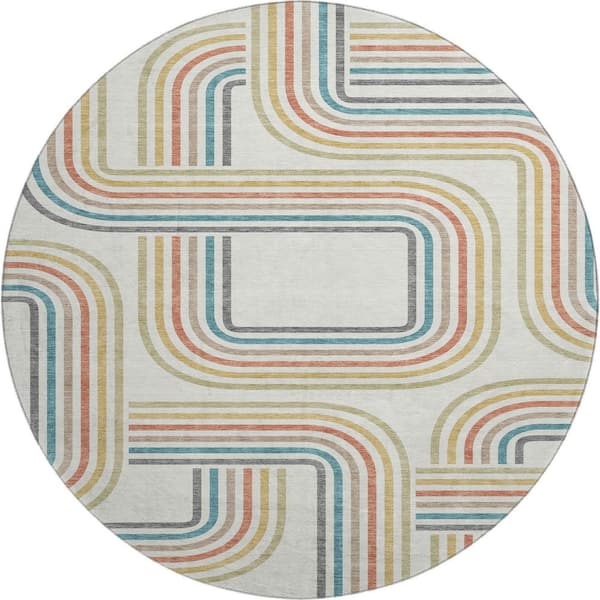 Mayfield Premium Machine Washable Abstract AMF2535 Ivory 8 ft. x 8 ft. Round Rug