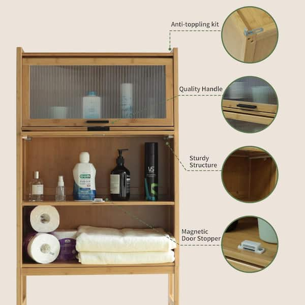 VEIKOUS 24 in. W x 66.9 in. H x 9 in. D Natural Bamboo Over-the-Toilet Storage with Adjustable Shelf in Yellow