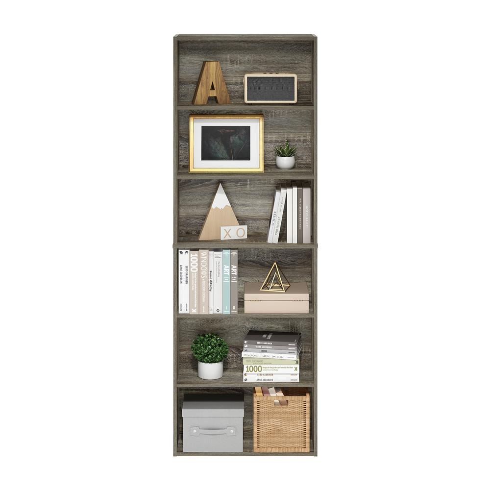 Tall Gray Laminated Wood Adjustable 6-Tier Bookcase