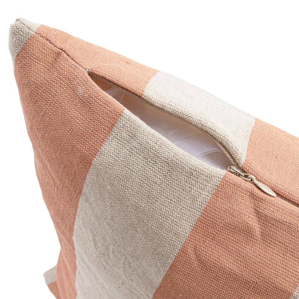 Pink and Natural Striped Cotton Linen Square Pillow