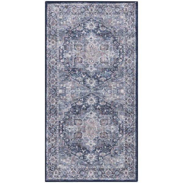 Unbranded Machine Washable Series doormat 1 Ivory Navy 2 ft. x 4 ft. Distressed Traditional Area Rug